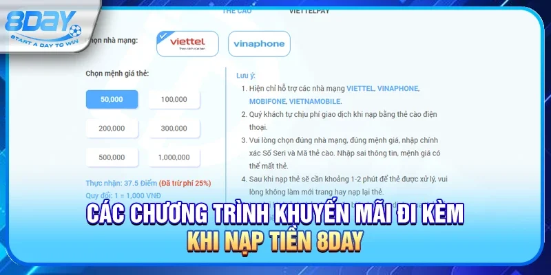 Các chương trình khuyến mãi đi kèm khi nạp tiền 8day